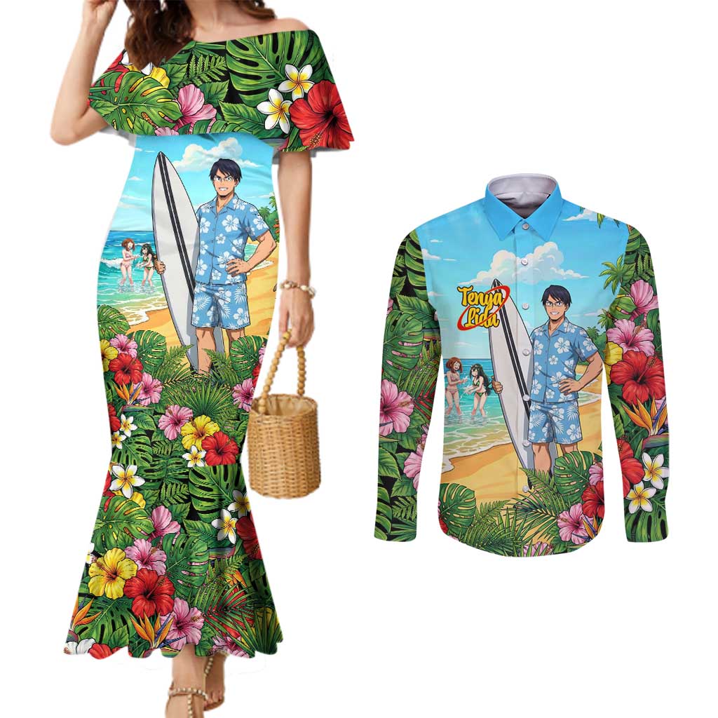 Tenya Iida Summer Chill Couples Matching Mermaid Dress and Long Sleeve Button Shirt Tropical Anime Surf Escape