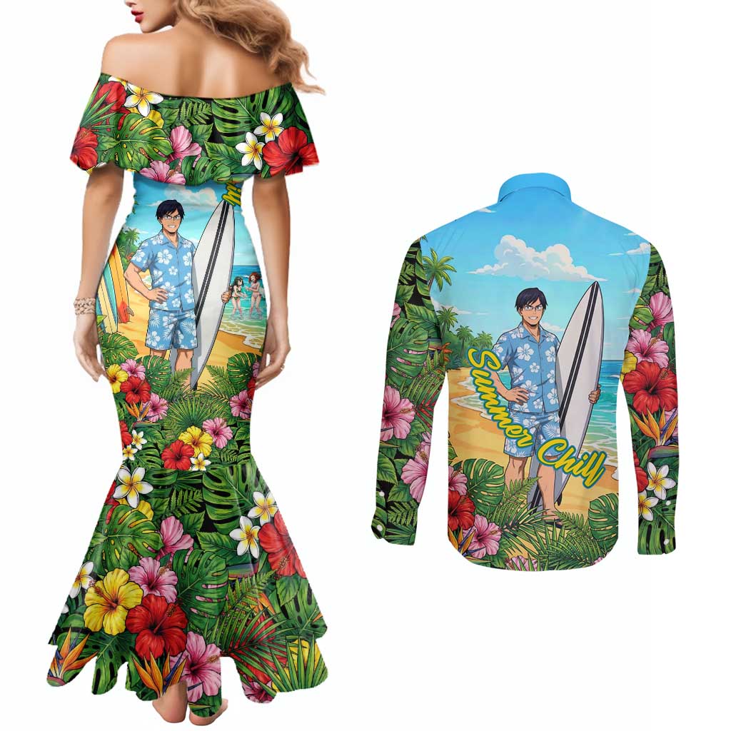 Tenya Iida Summer Chill Couples Matching Mermaid Dress and Long Sleeve Button Shirt Tropical Anime Surf Escape
