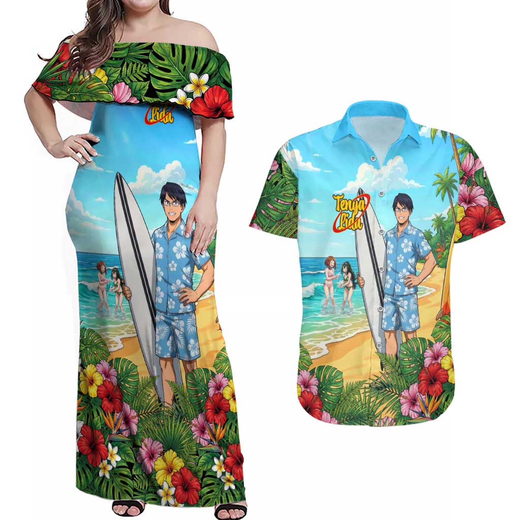 Tenya Iida Summer Chill Couples Matching Off Shoulder Maxi Dress and Hawaiian Shirt Tropical Anime Surf Escape
