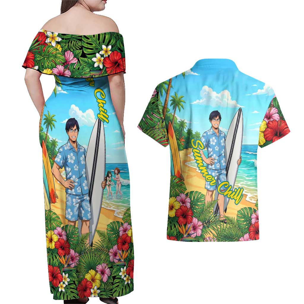 Tenya Iida Summer Chill Couples Matching Off Shoulder Maxi Dress and Hawaiian Shirt Tropical Anime Surf Escape