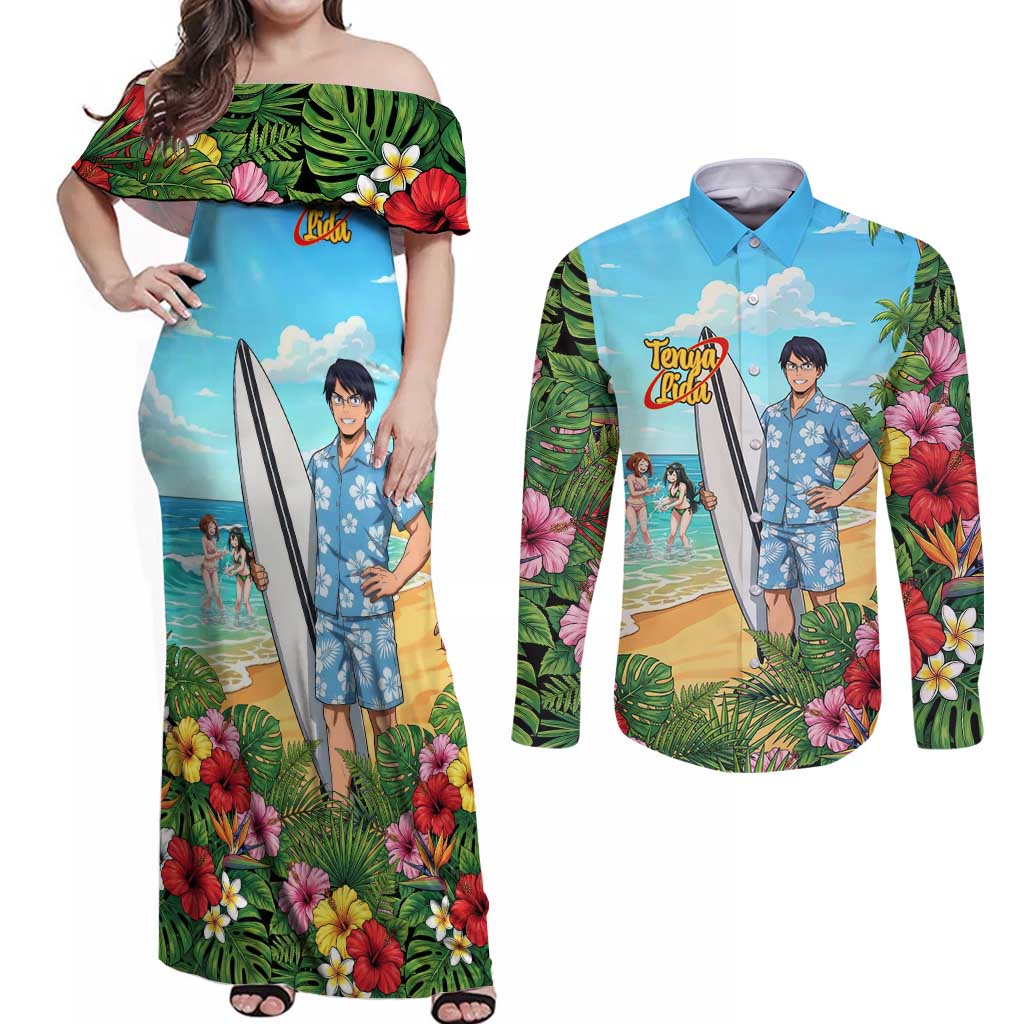 Tenya Iida Summer Chill Couples Matching Off Shoulder Maxi Dress and Long Sleeve Button Shirt Tropical Anime Surf Escape