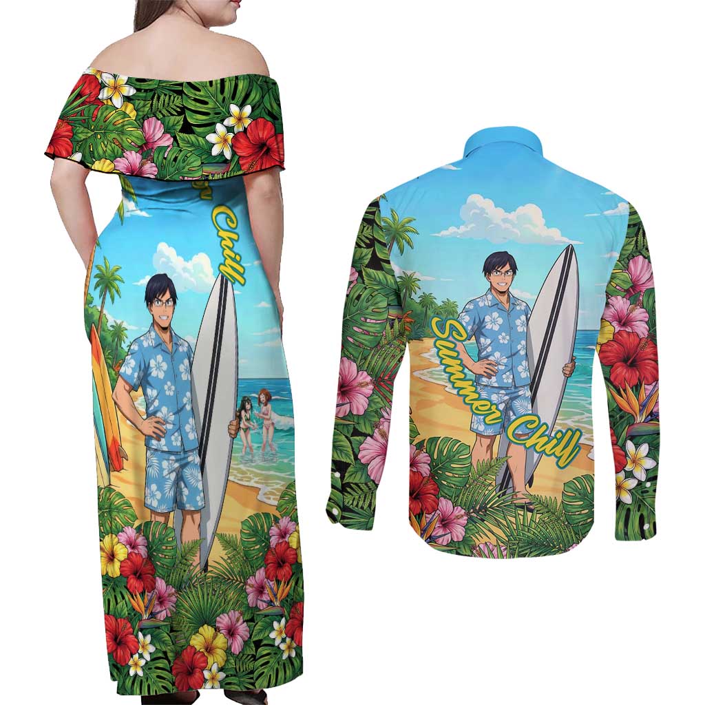 Tenya Iida Summer Chill Couples Matching Off Shoulder Maxi Dress and Long Sleeve Button Shirt Tropical Anime Surf Escape