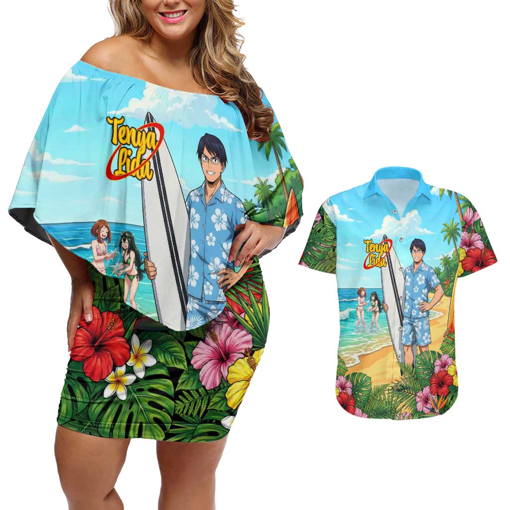 Tenya Iida Summer Chill Couples Matching Off Shoulder Short Dress and Hawaiian Shirt Tropical Anime Surf Escape
