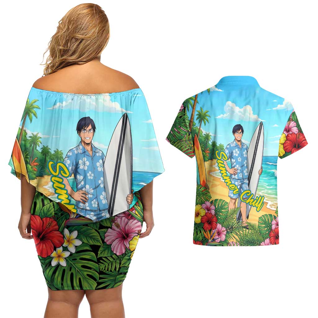 Tenya Iida Summer Chill Couples Matching Off Shoulder Short Dress and Hawaiian Shirt Tropical Anime Surf Escape