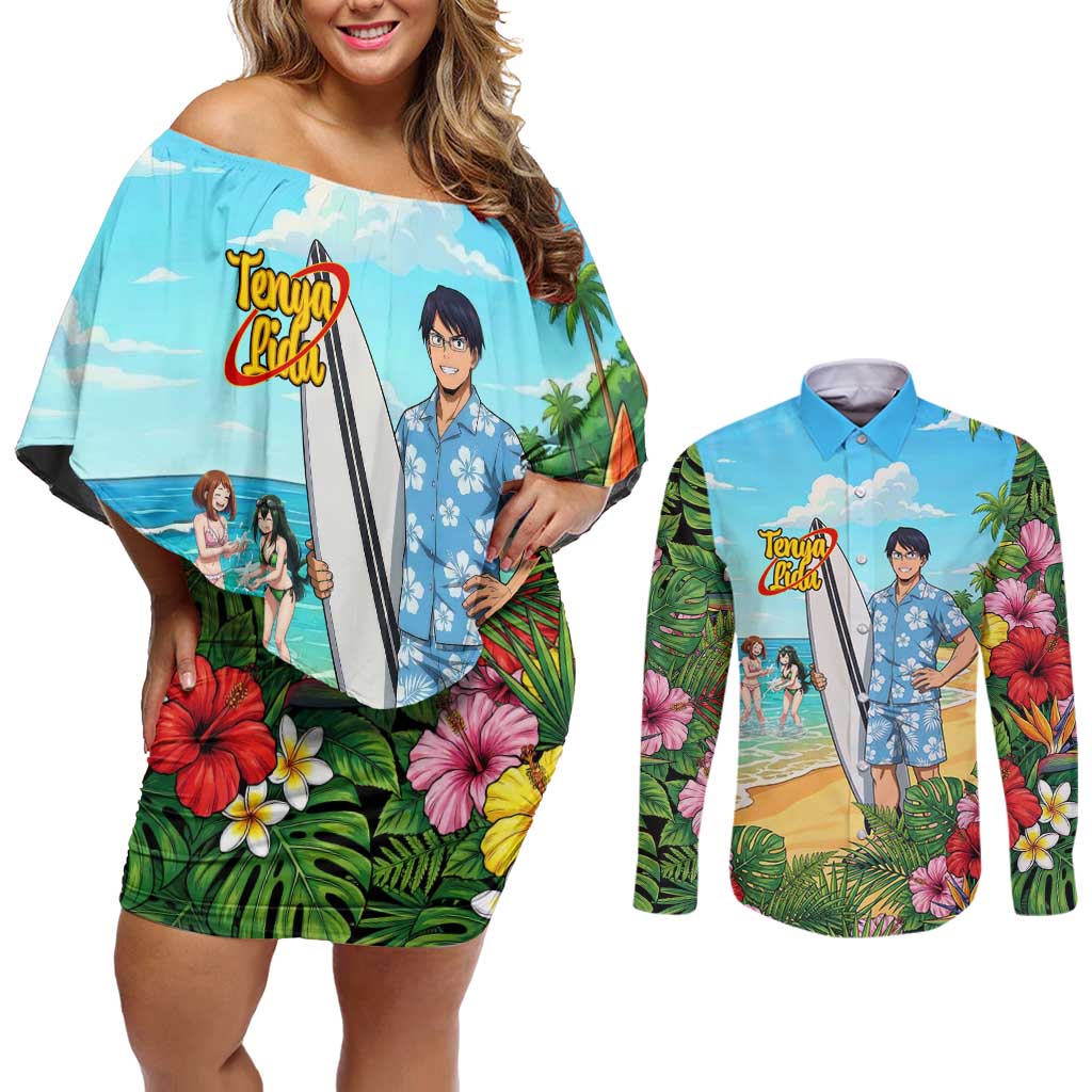 Tenya Iida Summer Chill Couples Matching Off Shoulder Short Dress and Long Sleeve Button Shirt Tropical Anime Surf Escape