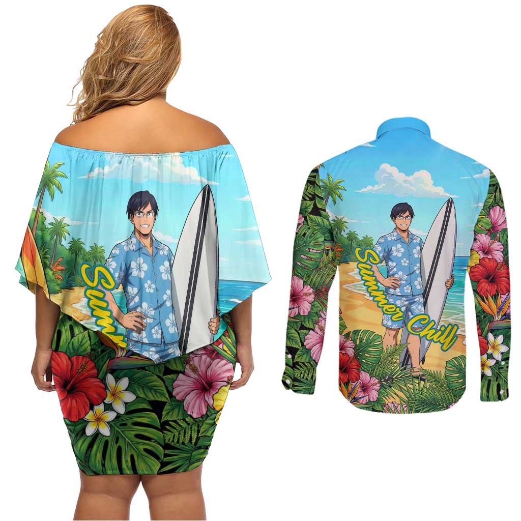 Tenya Iida Summer Chill Couples Matching Off Shoulder Short Dress and Long Sleeve Button Shirt Tropical Anime Surf Escape