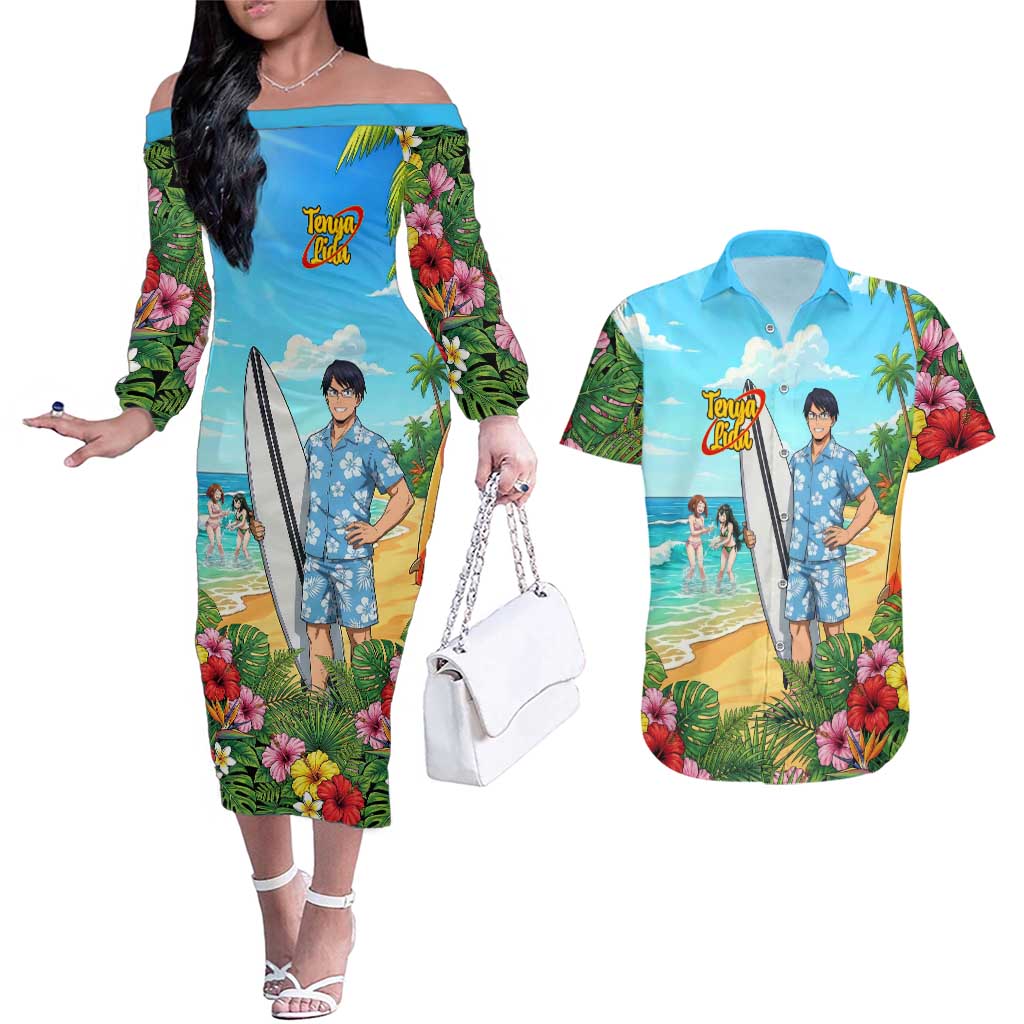 Tenya Iida Summer Chill Couples Matching Off The Shoulder Long Sleeve Dress and Hawaiian Shirt Tropical Anime Surf Escape