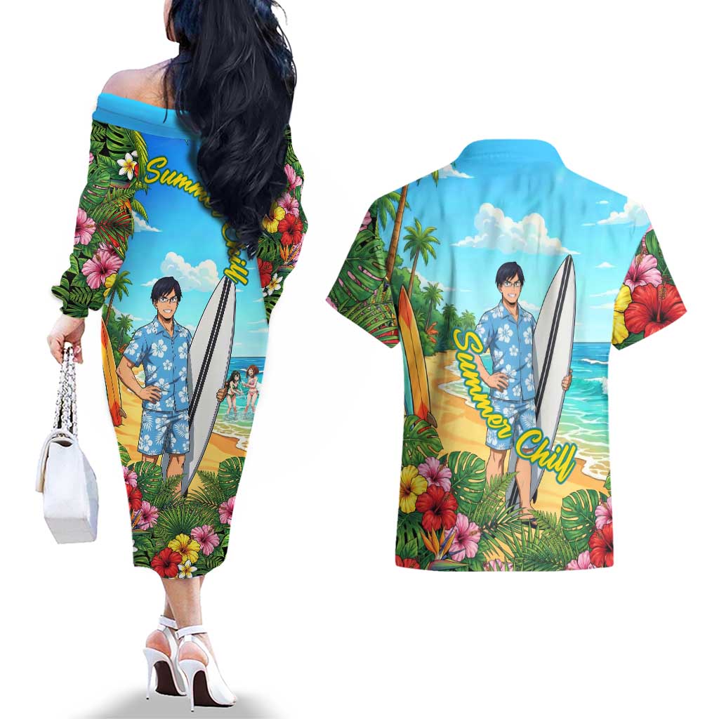 Tenya Iida Summer Chill Couples Matching Off The Shoulder Long Sleeve Dress and Hawaiian Shirt Tropical Anime Surf Escape
