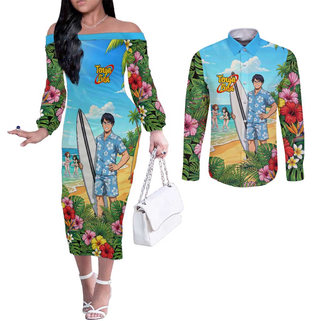 Tenya Iida Summer Chill Couples Matching Off The Shoulder Long Sleeve Dress and Long Sleeve Button Shirt Tropical Anime Surf Escape