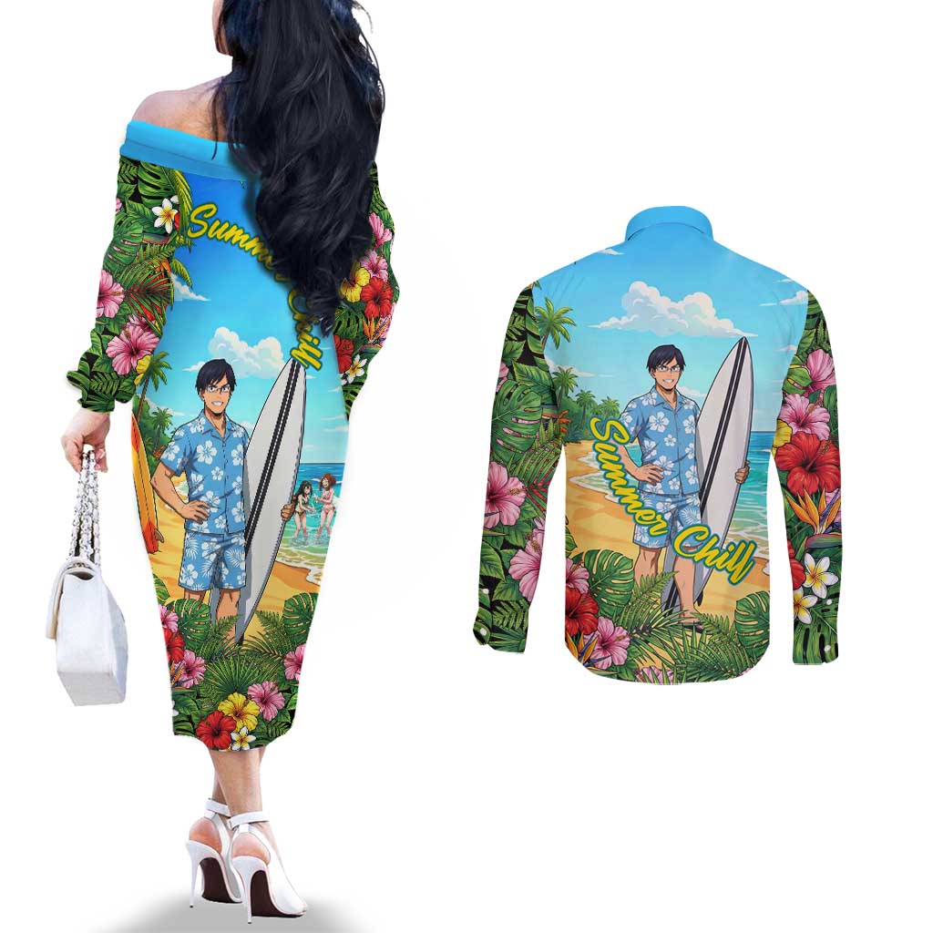 Tenya Iida Summer Chill Couples Matching Off The Shoulder Long Sleeve Dress and Long Sleeve Button Shirt Tropical Anime Surf Escape