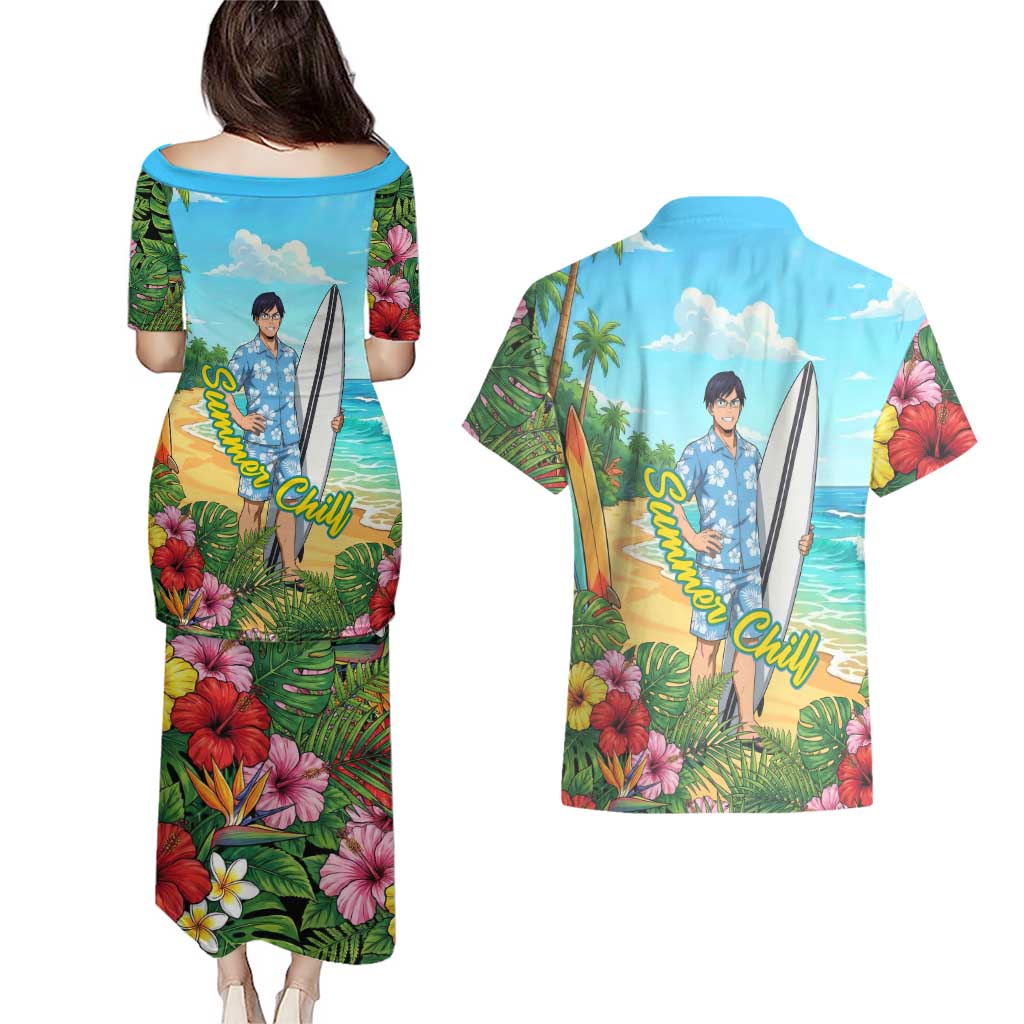 Tenya Iida Summer Chill Couples Matching Puletasi and Hawaiian Shirt Tropical Anime Surf Escape