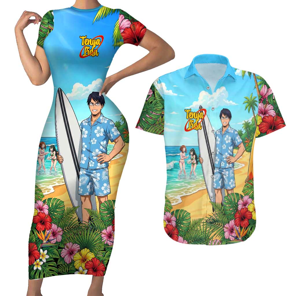 Tenya Iida Summer Chill Couples Matching Short Sleeve Bodycon Dress and Hawaiian Shirt Tropical Anime Surf Escape