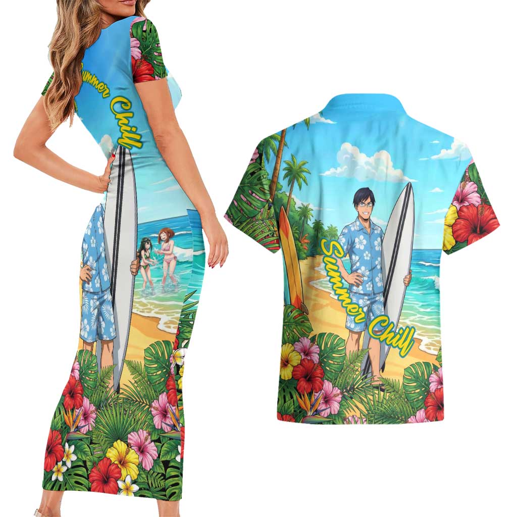 Tenya Iida Summer Chill Couples Matching Short Sleeve Bodycon Dress and Hawaiian Shirt Tropical Anime Surf Escape