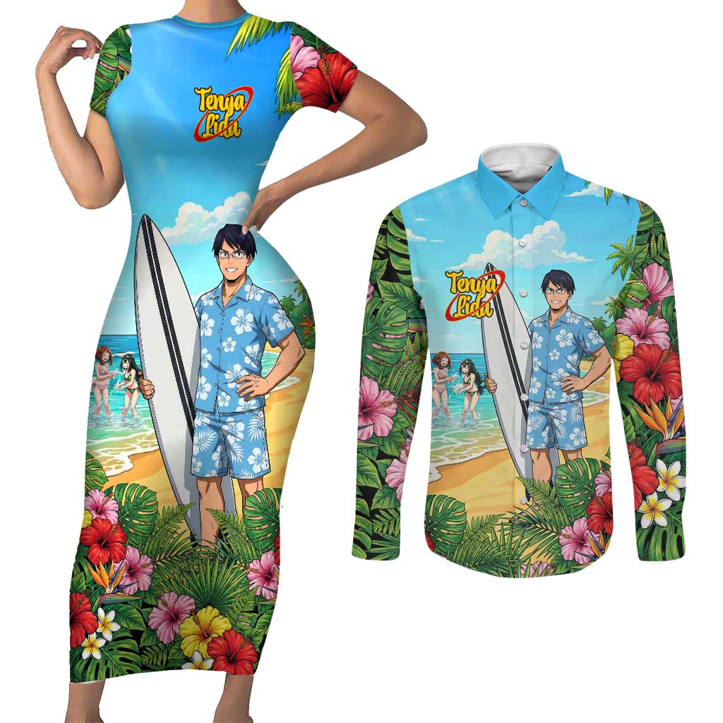 Tenya Iida Summer Chill Couples Matching Short Sleeve Bodycon Dress and Long Sleeve Button Shirt Tropical Anime Surf Escape