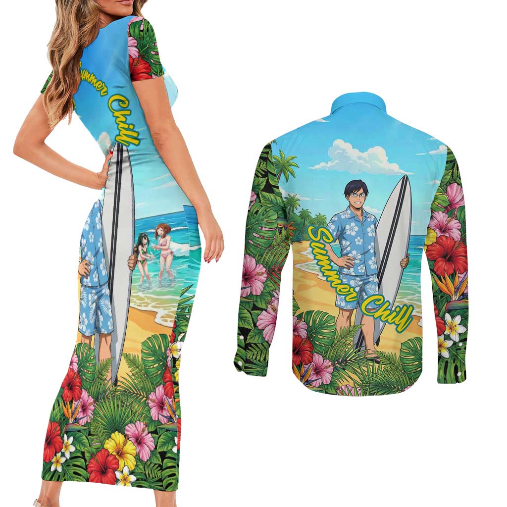 Tenya Iida Summer Chill Couples Matching Short Sleeve Bodycon Dress and Long Sleeve Button Shirt Tropical Anime Surf Escape