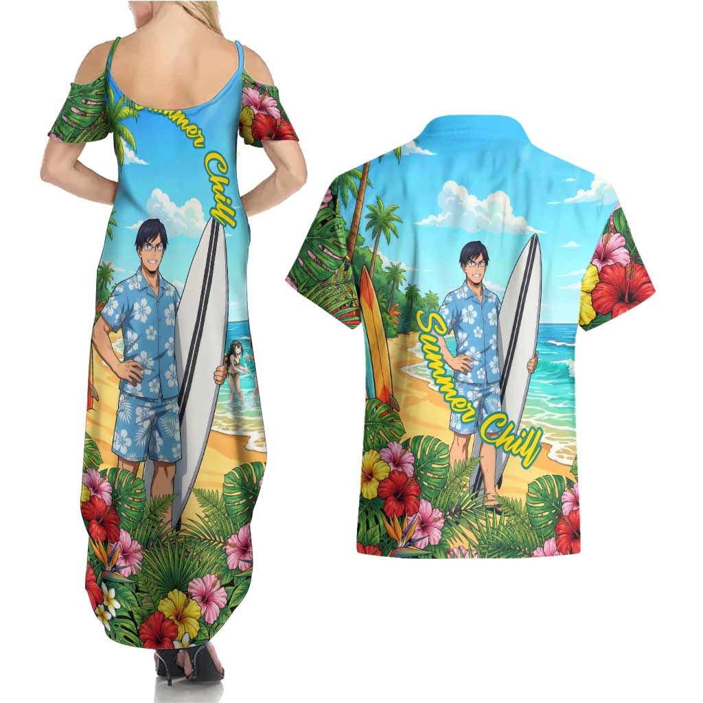 Tenya Iida Summer Chill Couples Matching Summer Maxi Dress and Hawaiian Shirt Tropical Anime Surf Escape