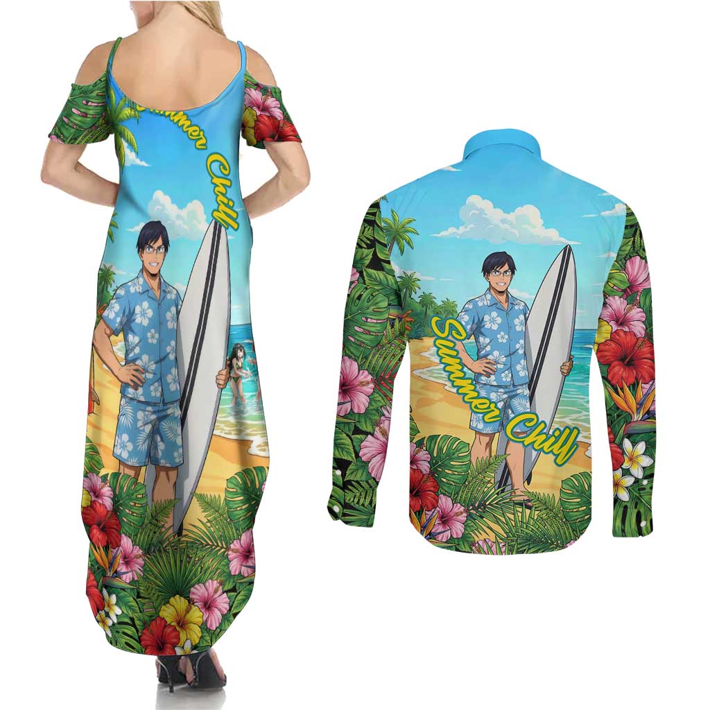 Tenya Iida Summer Chill Couples Matching Summer Maxi Dress and Long Sleeve Button Shirt Tropical Anime Surf Escape