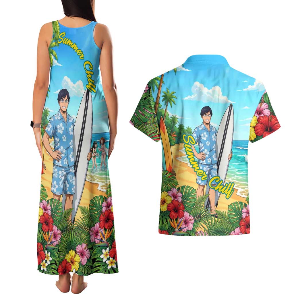 Tenya Iida Summer Chill Couples Matching Tank Maxi Dress and Hawaiian Shirt Tropical Anime Surf Escape