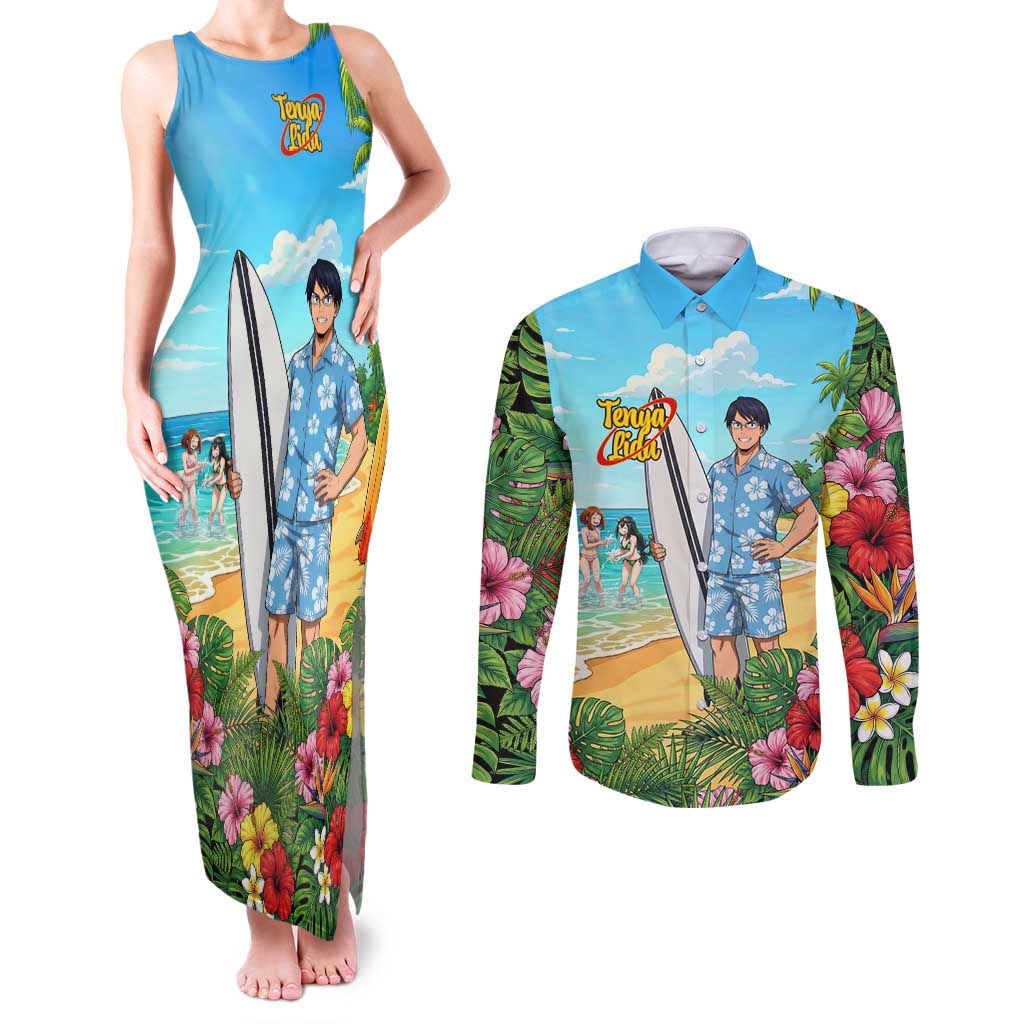 Tenya Iida Summer Chill Couples Matching Tank Maxi Dress and Long Sleeve Button Shirt Tropical Anime Surf Escape