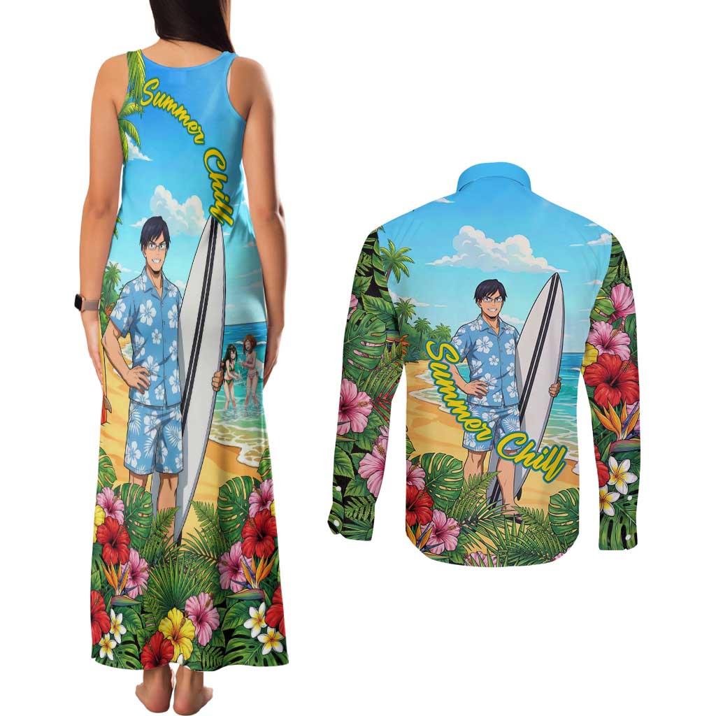 Tenya Iida Summer Chill Couples Matching Tank Maxi Dress and Long Sleeve Button Shirt Tropical Anime Surf Escape