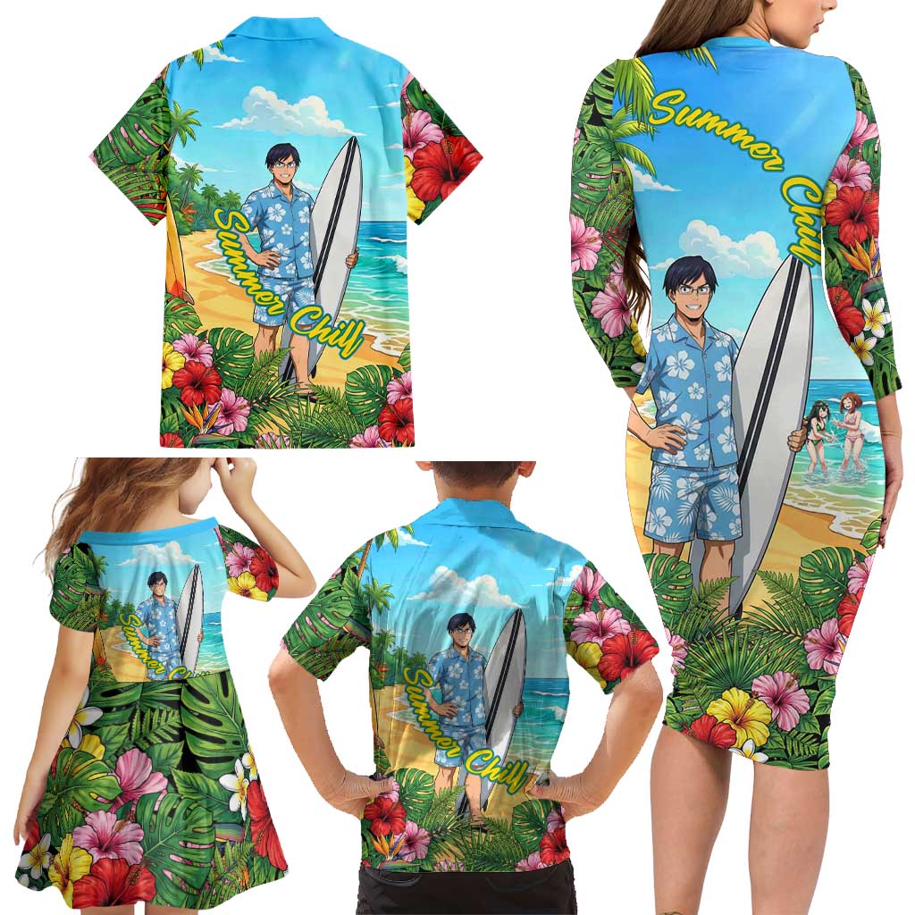 Tenya Iida Summer Chill Family Matching Long Sleeve Bodycon Dress and Hawaiian Shirt Tropical Anime Surf Escape