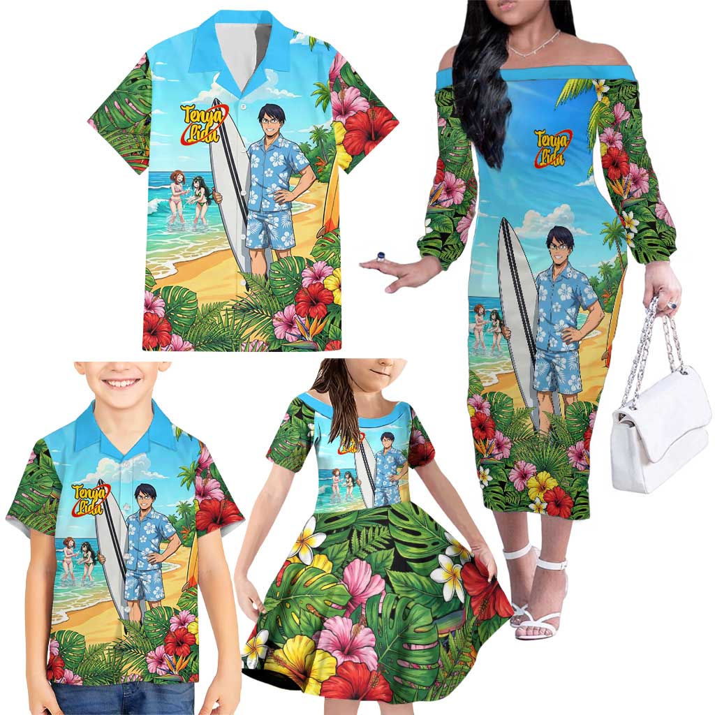 Tenya Iida Summer Chill Family Matching Off The Shoulder Long Sleeve Dress and Hawaiian Shirt Tropical Anime Surf Escape