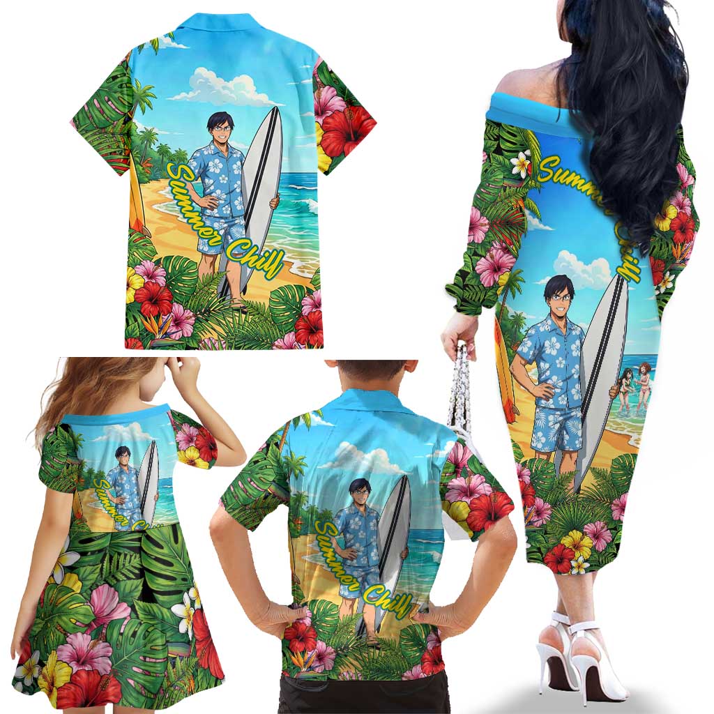 Tenya Iida Summer Chill Family Matching Off The Shoulder Long Sleeve Dress and Hawaiian Shirt Tropical Anime Surf Escape