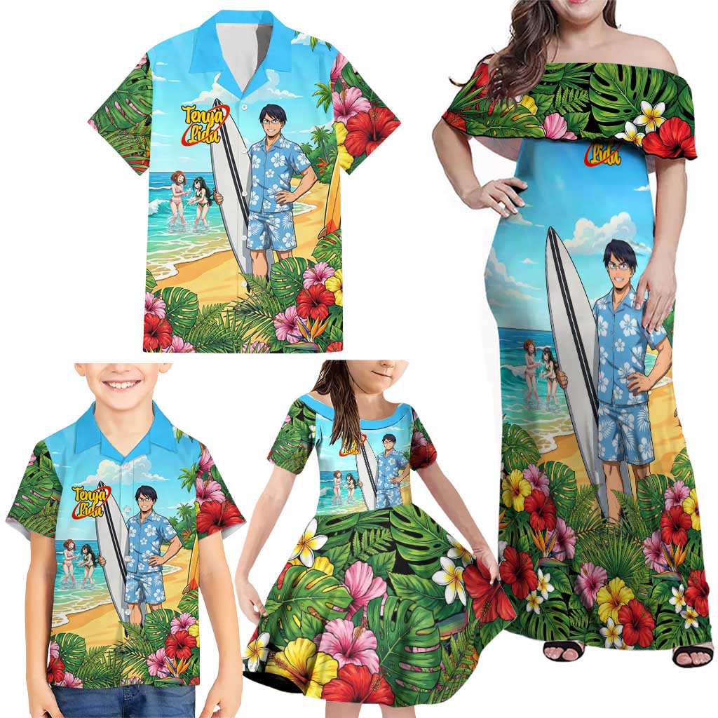 Tenya Iida Summer Chill Family Matching Off Shoulder Maxi Dress and Hawaiian Shirt Tropical Anime Surf Escape