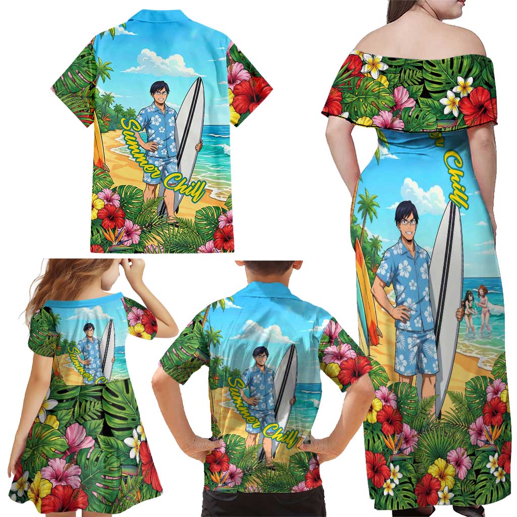 Tenya Iida Summer Chill Family Matching Off Shoulder Maxi Dress and Hawaiian Shirt Tropical Anime Surf Escape