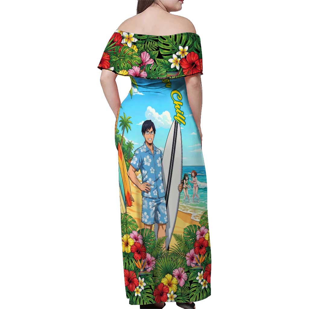 Tenya Iida Summer Chill Family Matching Off Shoulder Maxi Dress and Hawaiian Shirt Tropical Anime Surf Escape