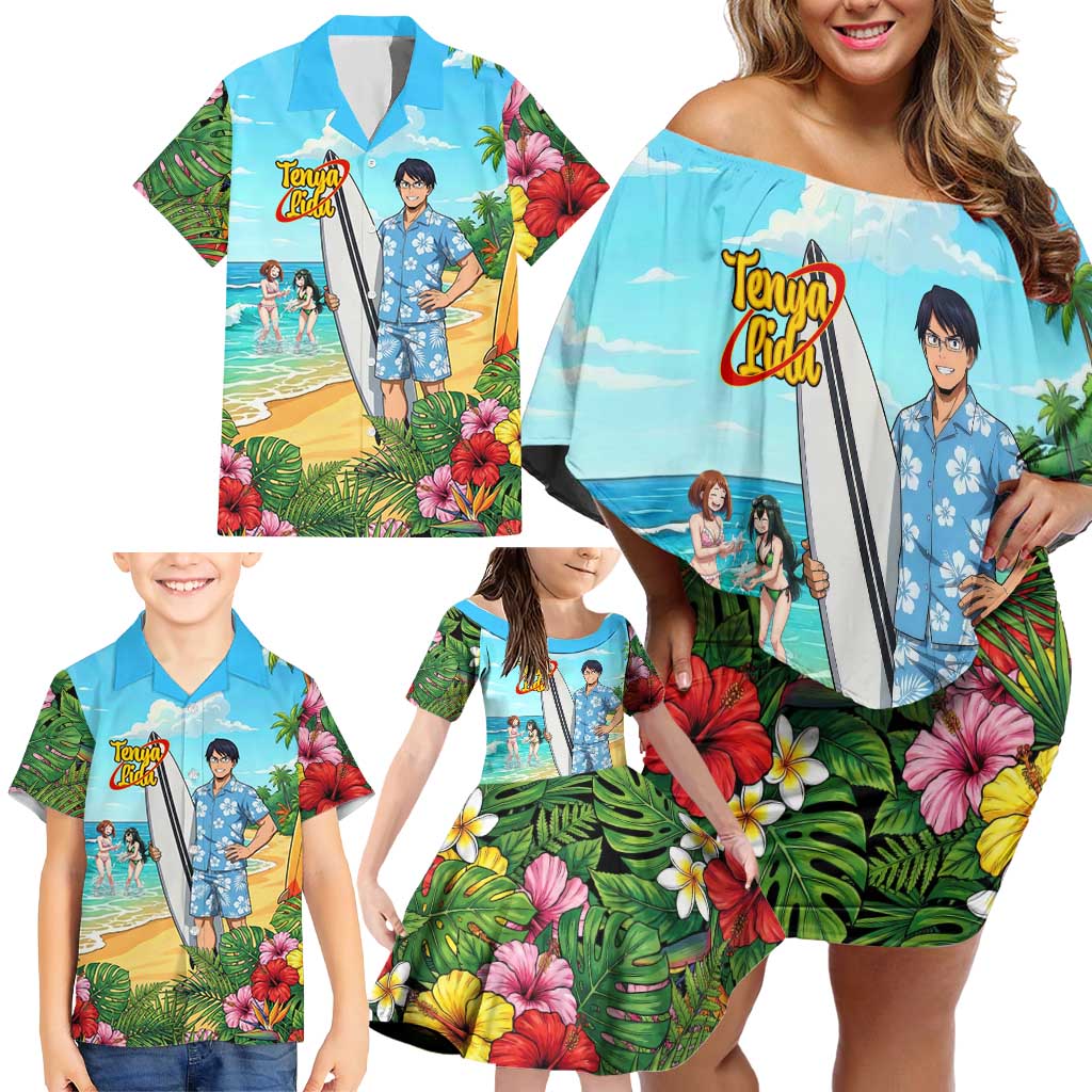 Tenya Iida Summer Chill Family Matching Off Shoulder Short Dress and Hawaiian Shirt Tropical Anime Surf Escape