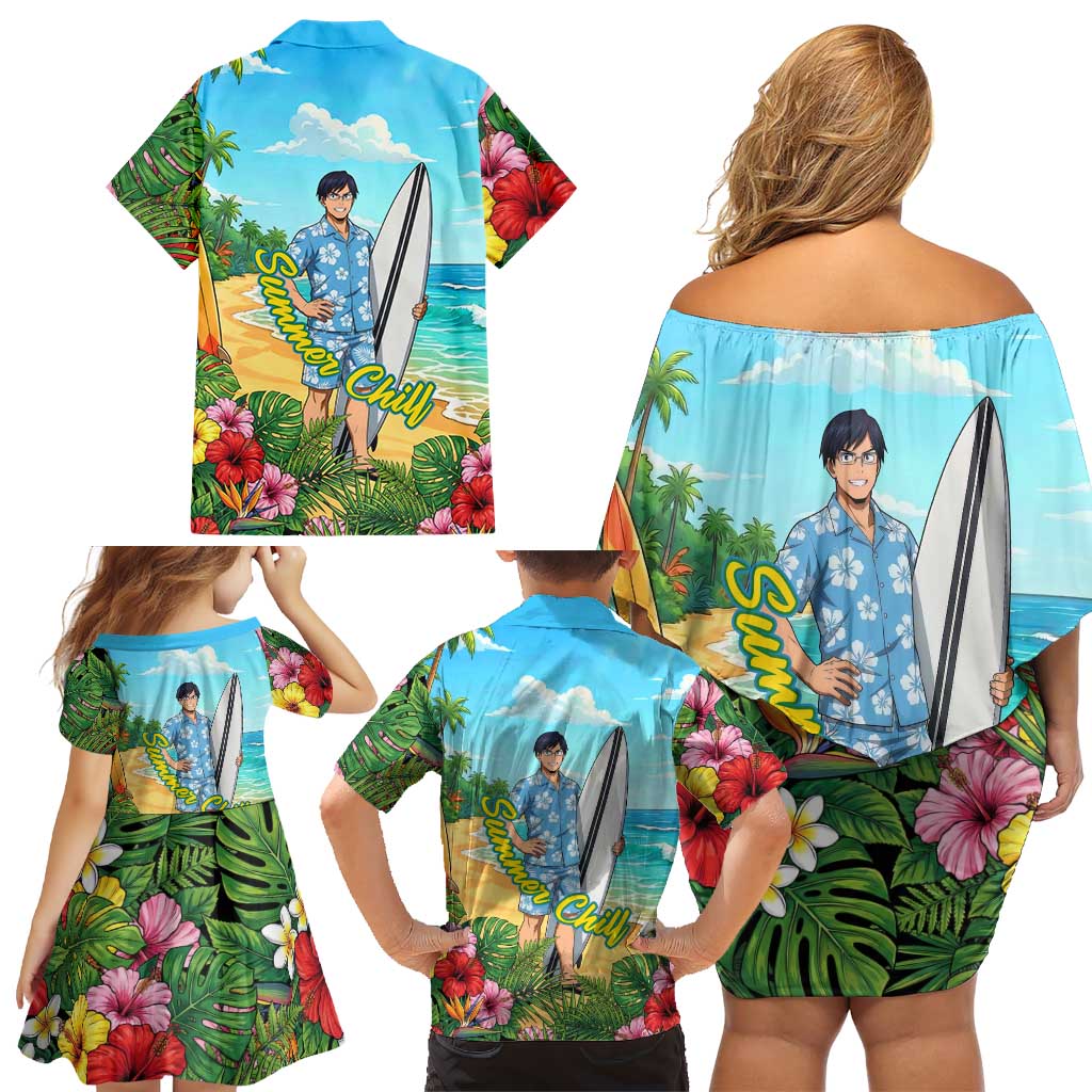 Tenya Iida Summer Chill Family Matching Off Shoulder Short Dress and Hawaiian Shirt Tropical Anime Surf Escape