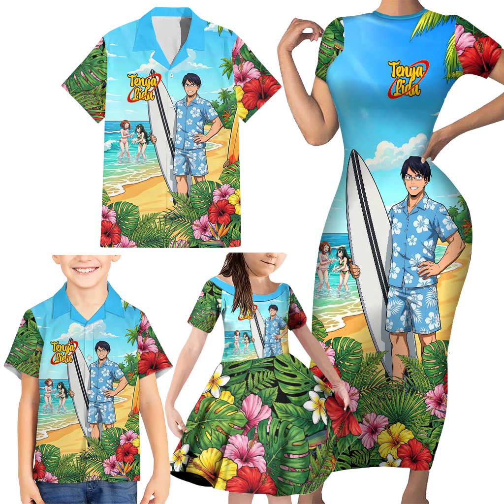 Tenya Iida Summer Chill Family Matching Short Sleeve Bodycon Dress and Hawaiian Shirt Tropical Anime Surf Escape
