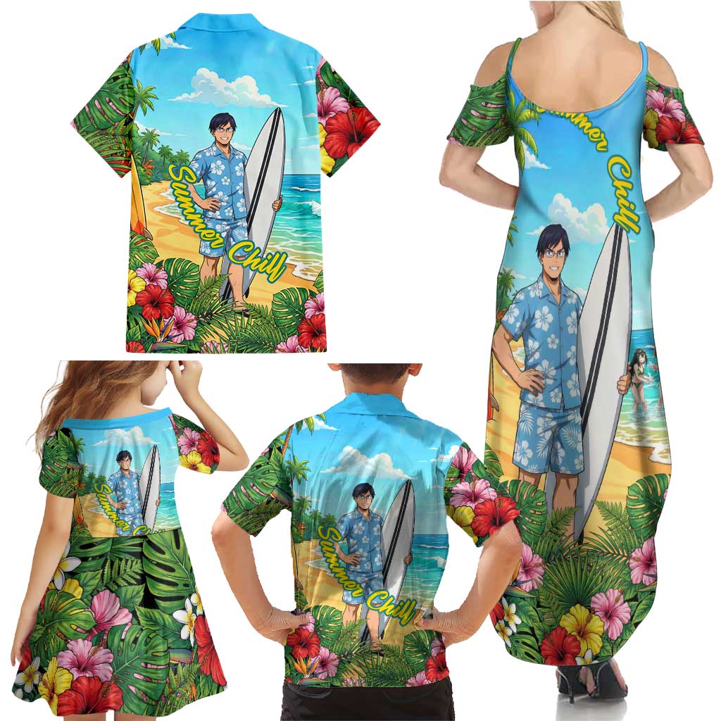 Tenya Iida Summer Chill Family Matching Summer Maxi Dress and Hawaiian Shirt Tropical Anime Surf Escape