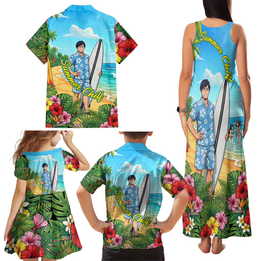 Tenya Iida Summer Chill Family Matching Tank Maxi Dress and Hawaiian Shirt Tropical Anime Surf Escape