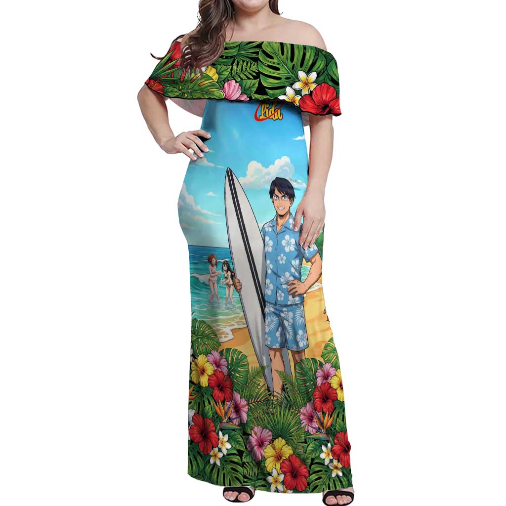 Tenya Iida Summer Chill Off Shoulder Maxi Dress Tropical Anime Surf Escape