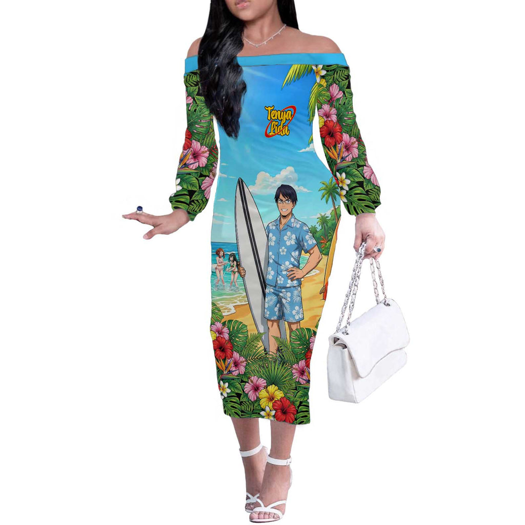 Tenya Iida Summer Chill Off The Shoulder Long Sleeve Dress Tropical Anime Surf Escape