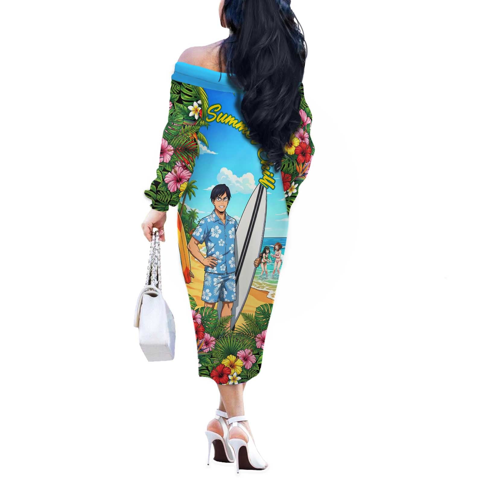 Tenya Iida Summer Chill Off The Shoulder Long Sleeve Dress Tropical Anime Surf Escape
