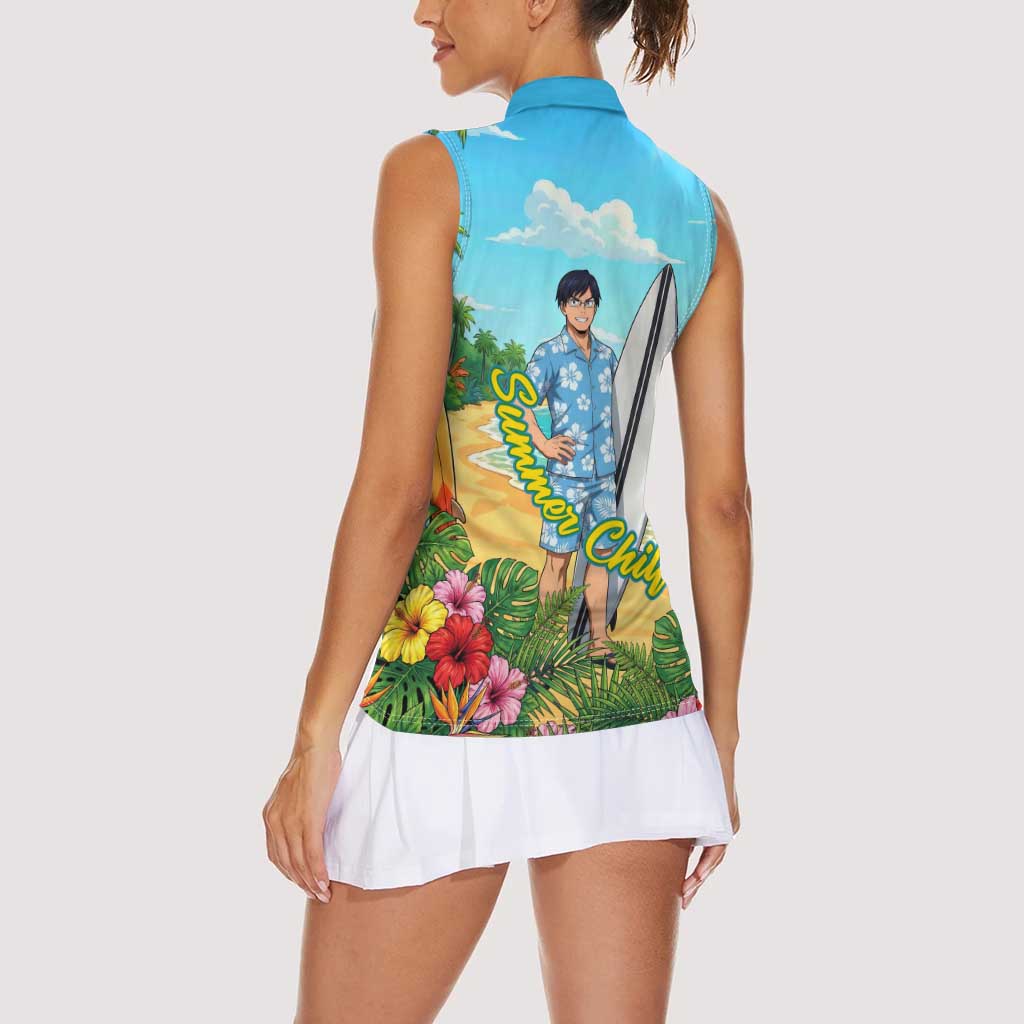 Tenya Iida Summer Chill Women Sleeveless Polo Shirt Tropical Anime Surf Escape