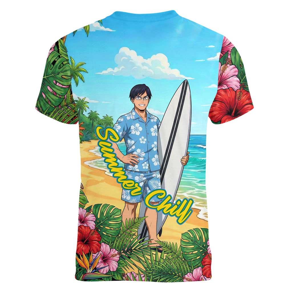 Tenya Iida Summer Chill Women V-Neck T-Shirt Tropical Anime Surf Escape