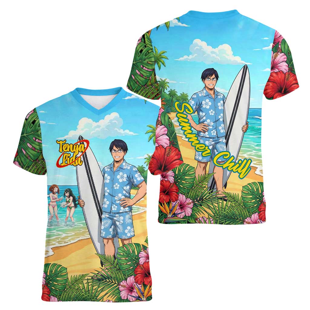 Tenya Iida Summer Chill Women V-Neck T-Shirt Tropical Anime Surf Escape