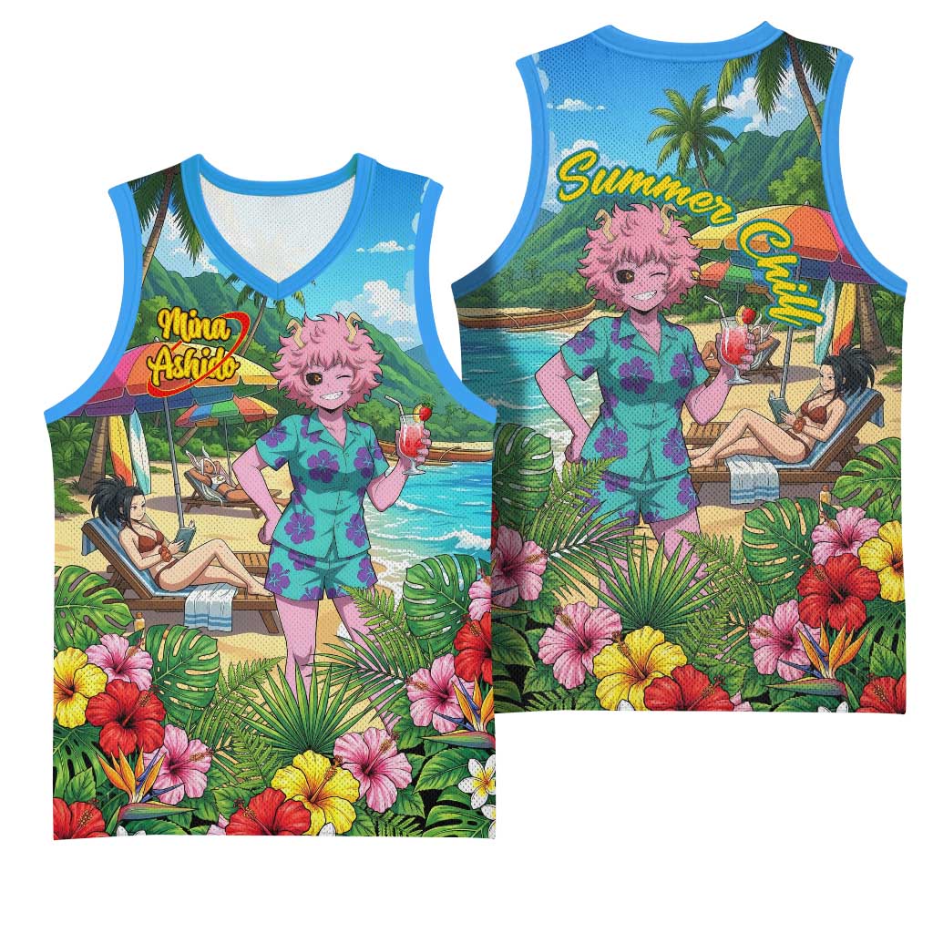 Mina Ashido Summer Chill Basketball Jersey Tropical Anime Cocktail Vibes