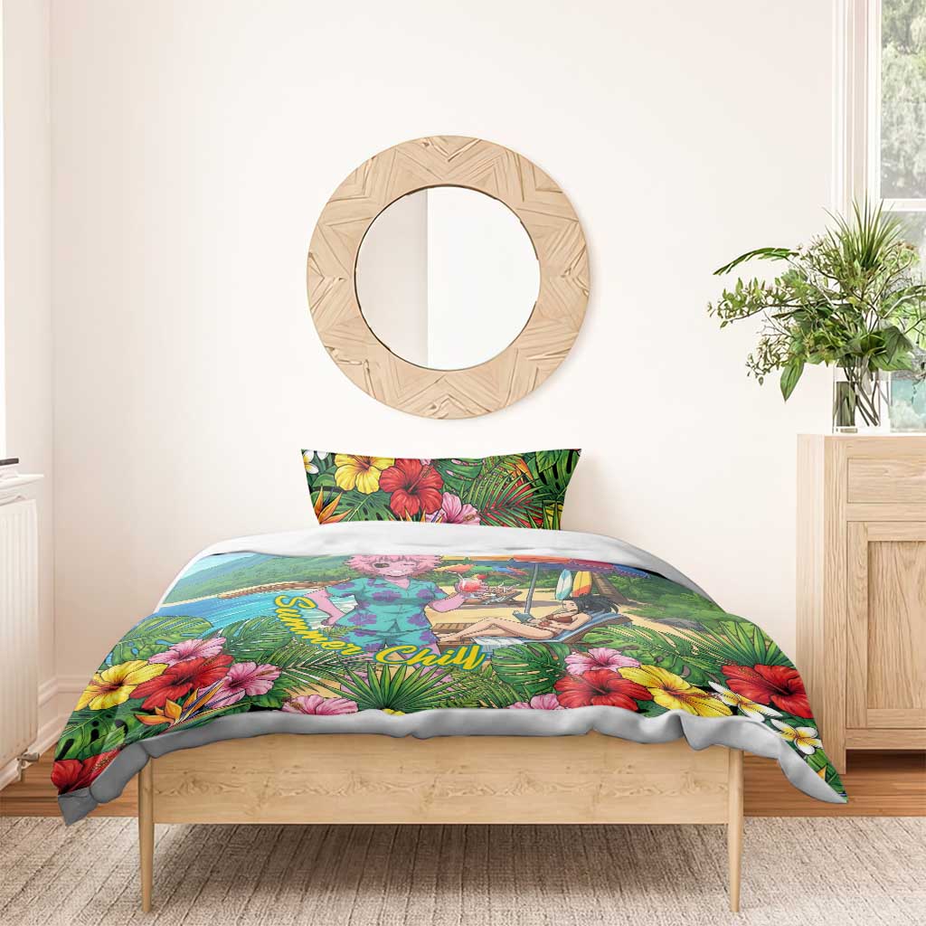 Mina Ashido Summer Chill Bedding Set Tropical Anime Cocktail Vibes
