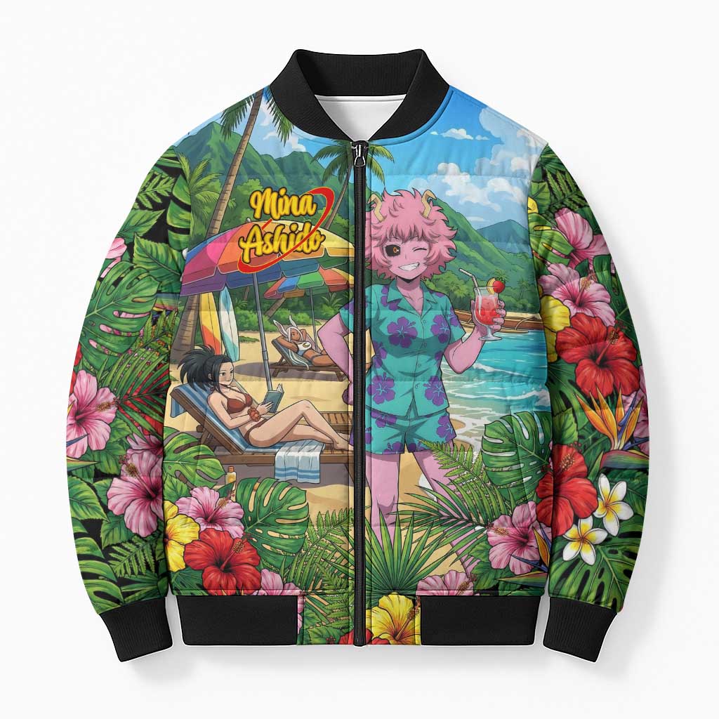 Mina Ashido Summer Chill Bomber Puffer Jacket Tropical Anime Cocktail Vibes