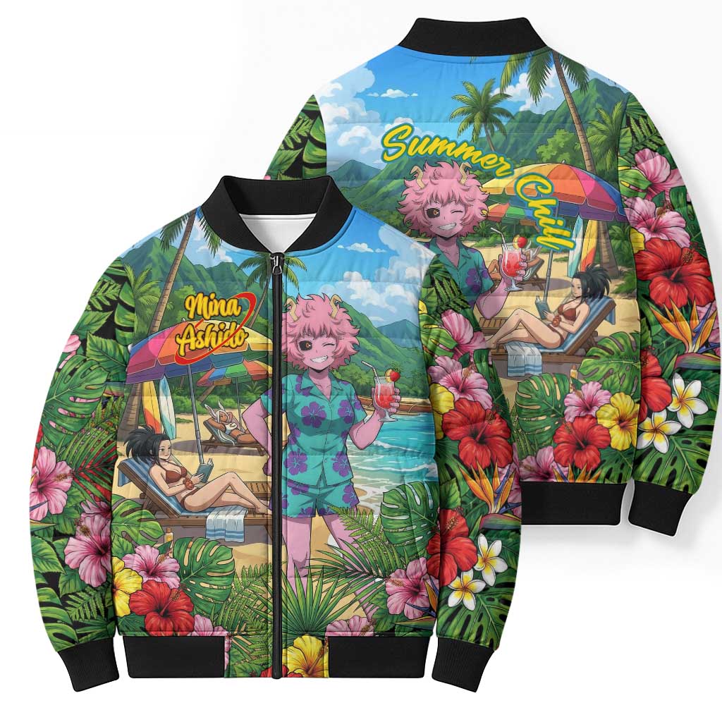 Mina Ashido Summer Chill Bomber Puffer Jacket Tropical Anime Cocktail Vibes