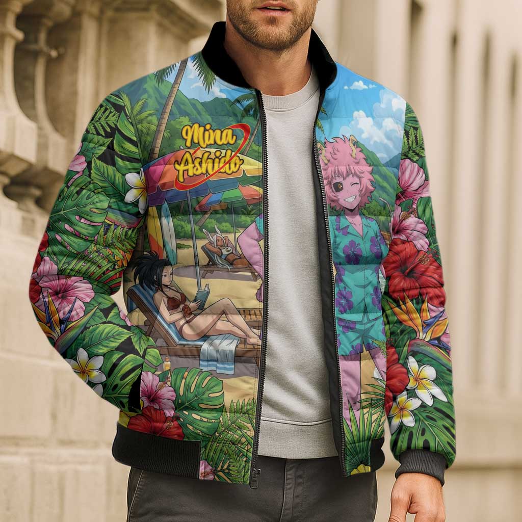 Mina Ashido Summer Chill Bomber Puffer Jacket Tropical Anime Cocktail Vibes