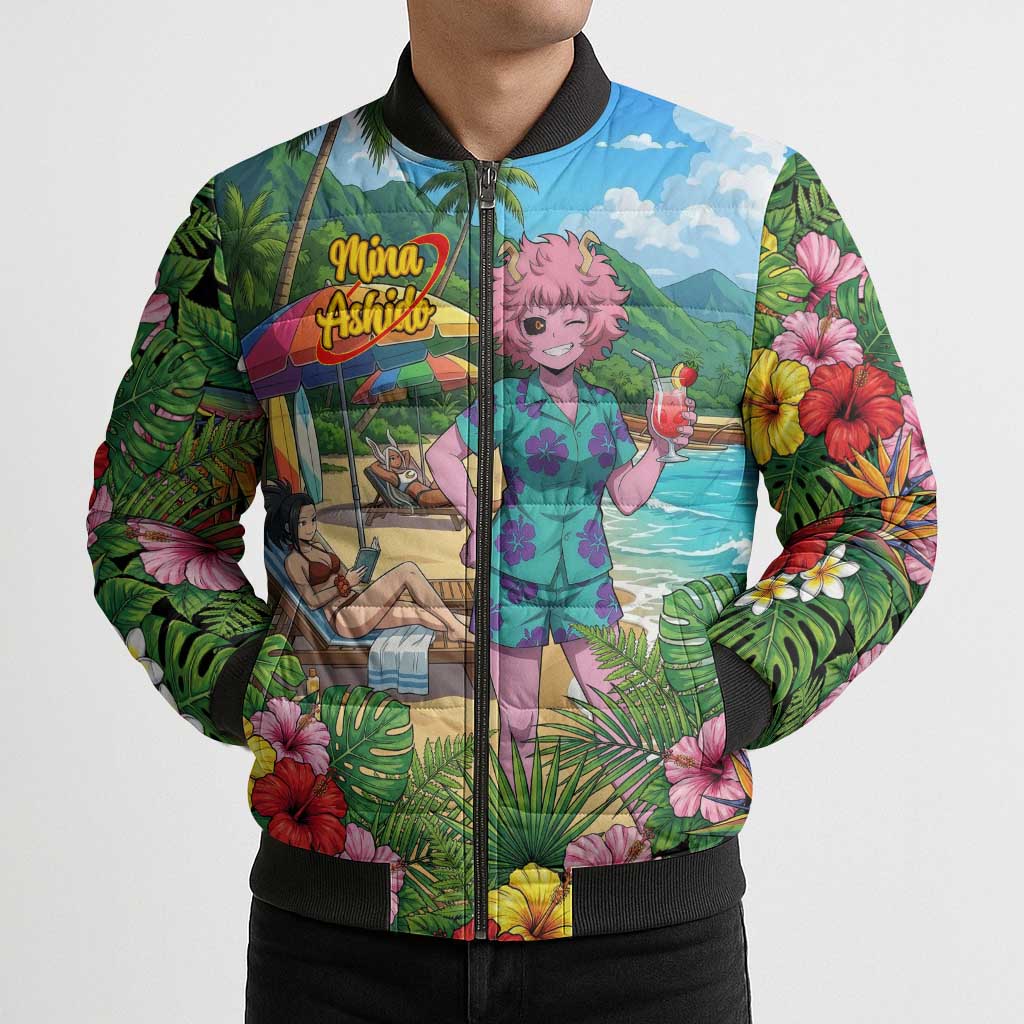Mina Ashido Summer Chill Bomber Puffer Jacket Tropical Anime Cocktail Vibes