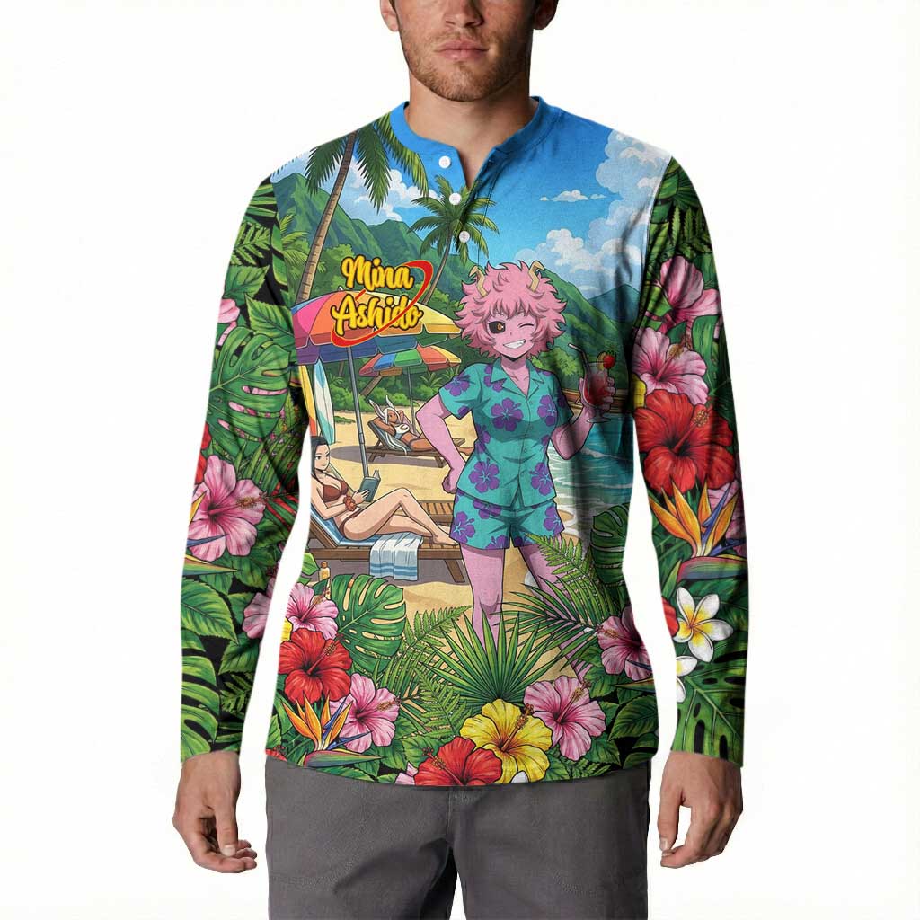 Mina Ashido Summer Chill Button Sweatshirt Tropical Anime Cocktail Vibes