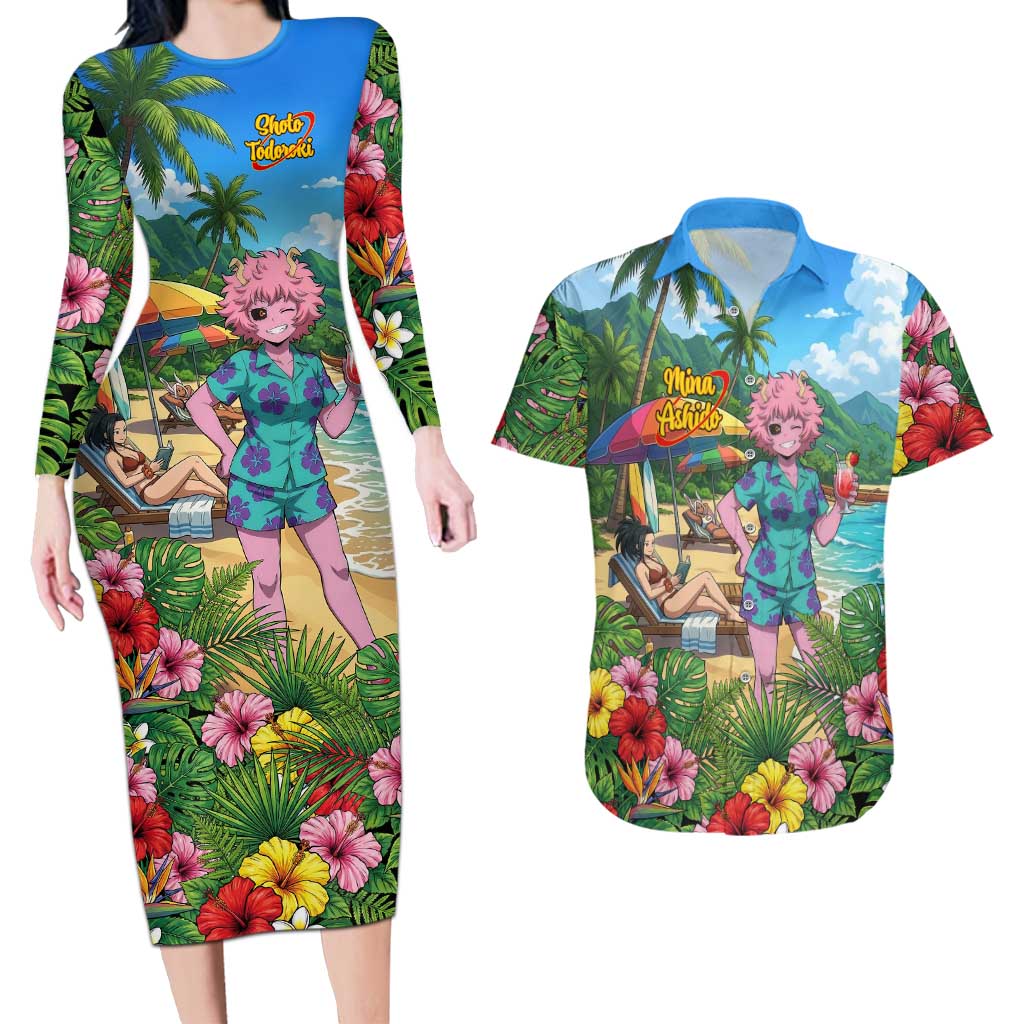 Mina Ashido Summer Chill Couples Matching Long Sleeve Bodycon Dress and Hawaiian Shirt Tropical Anime Cocktail Vibes