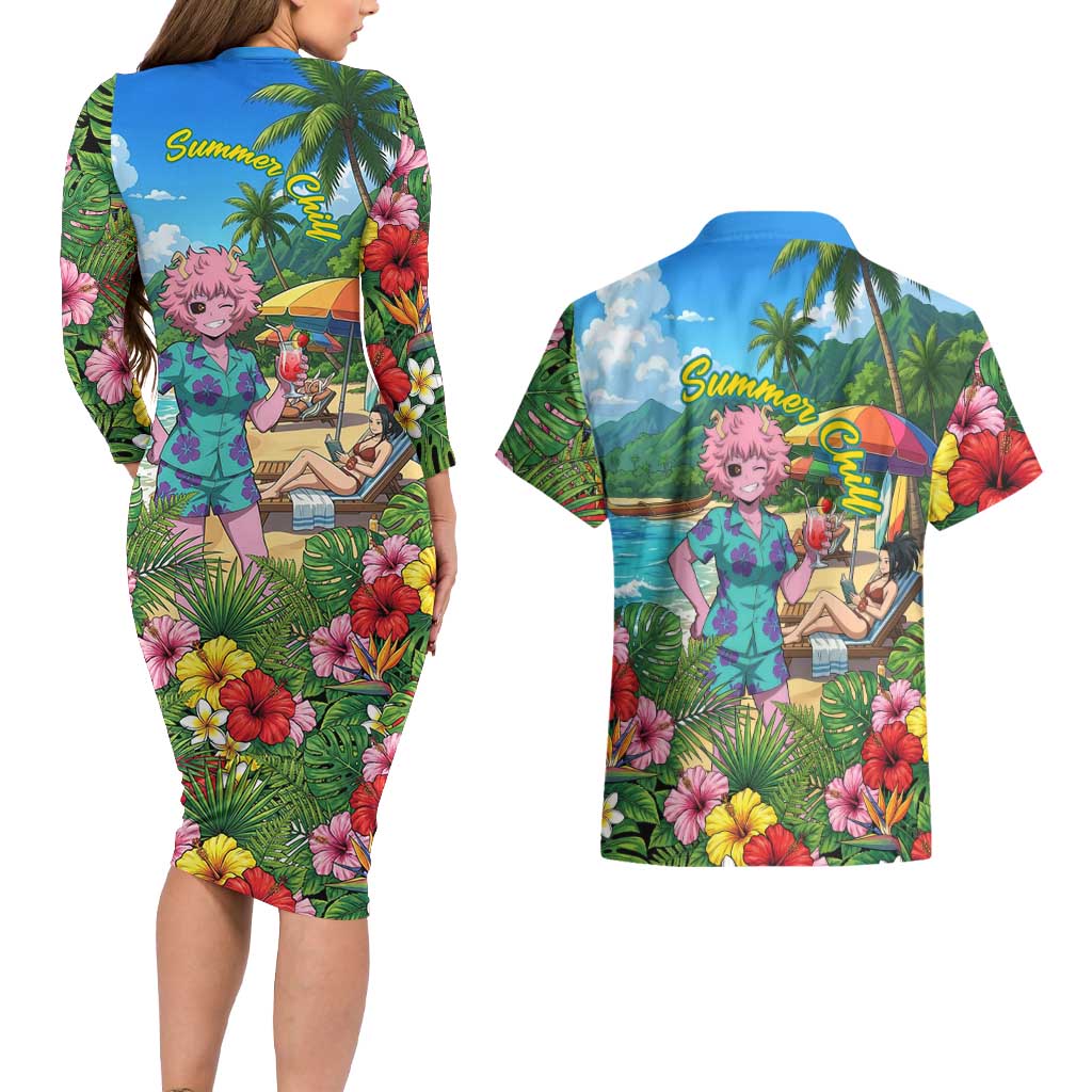Mina Ashido Summer Chill Couples Matching Long Sleeve Bodycon Dress and Hawaiian Shirt Tropical Anime Cocktail Vibes